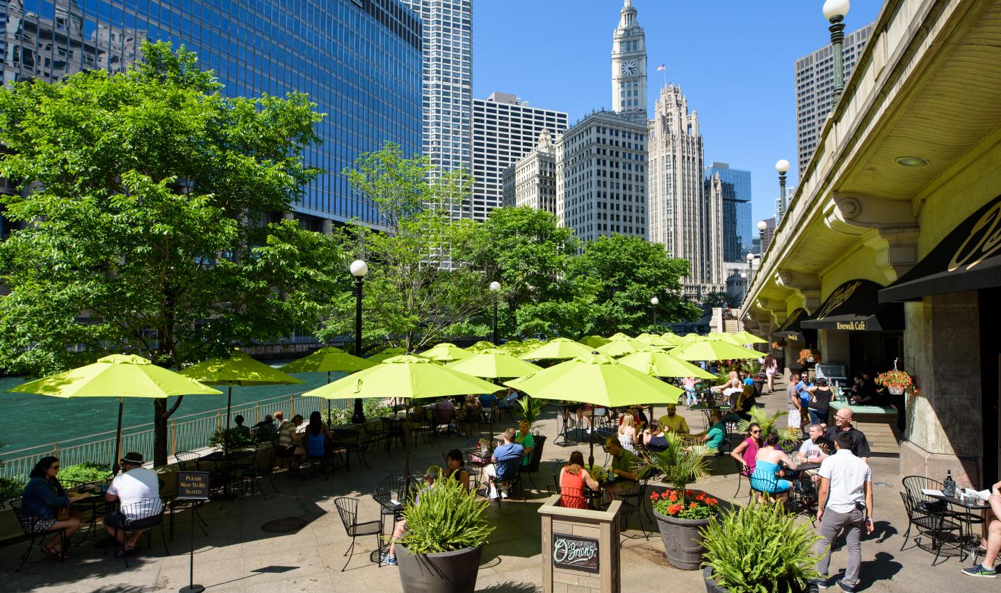 Chicago River river front with green umbrellas