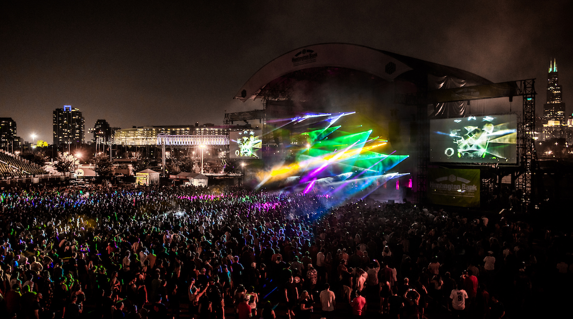 Multi-colored lights at Northerly Island concert venue